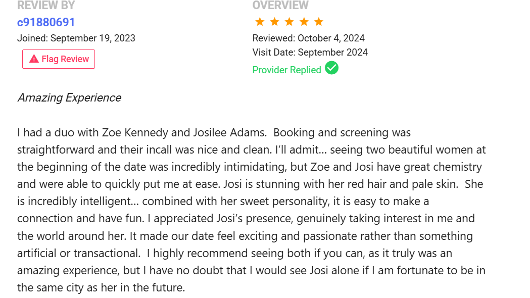 Private Delights review for redhead escort Josilee Adams, upscale GFE in New Jersey